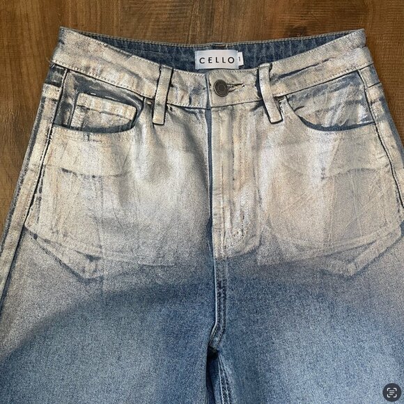Cello High Rise Wide Leg Jeans Metallic Raw Hem Distressed Size 1 - Picture 2 of 8